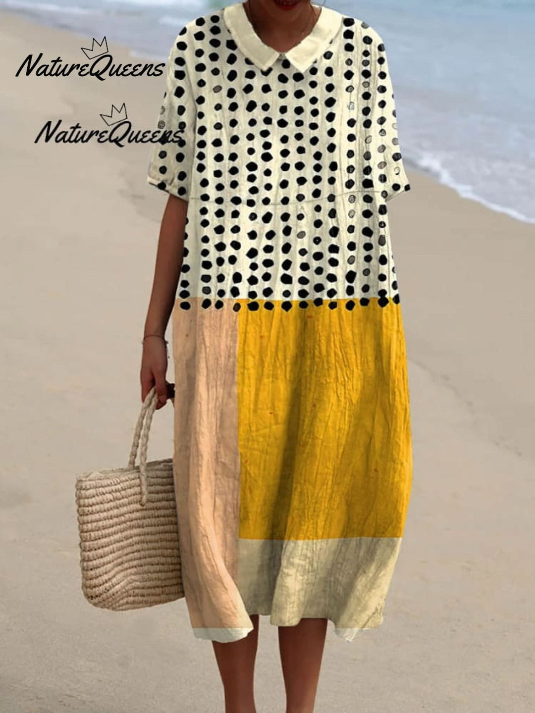 Women's Yellow Color-blocked Dots Art Watercolor Splash Fluid Art Print Flowy Dress