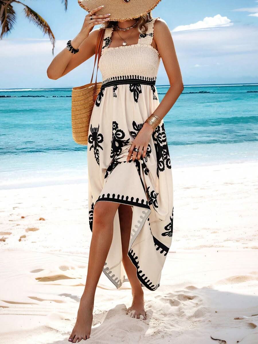 Valentina - Chic Square Neck Sleeveless Printed Beach Dress