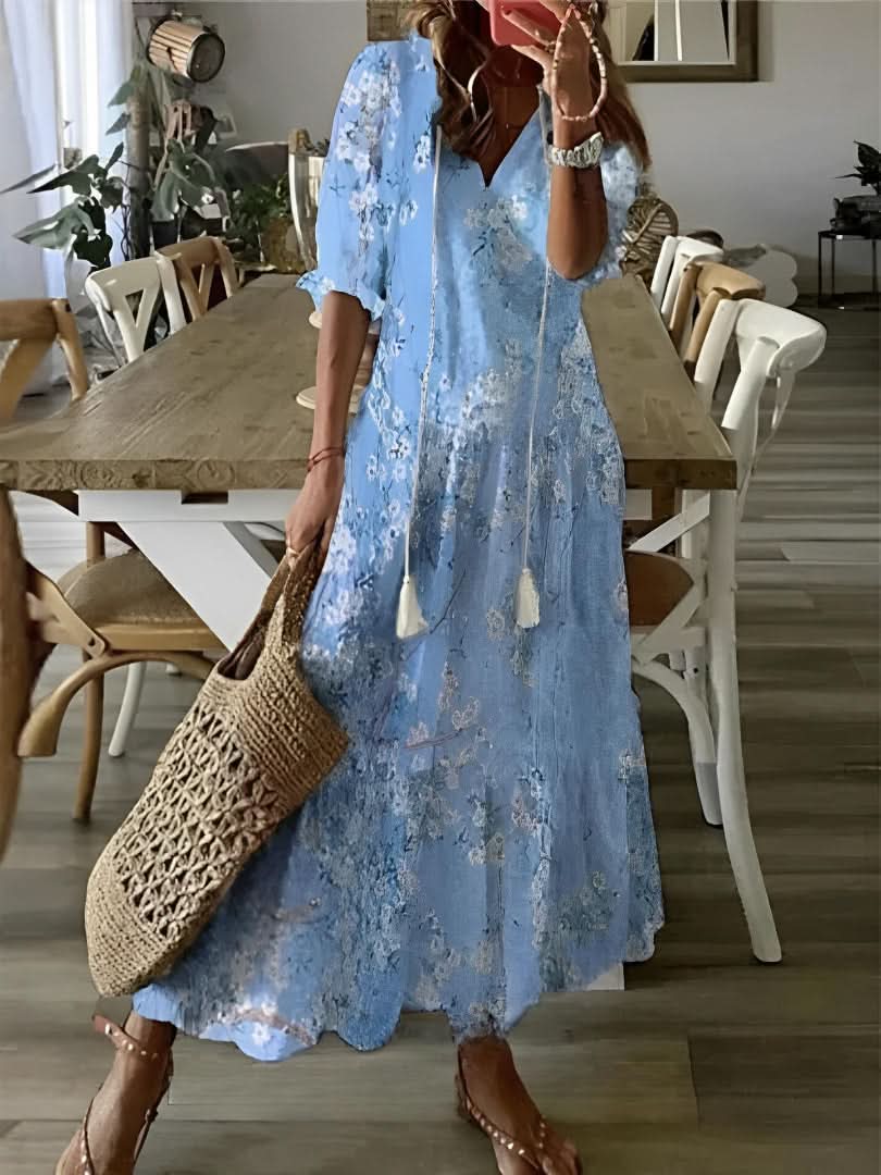Andrea - Boho Vintage V-Neck Printed Dress