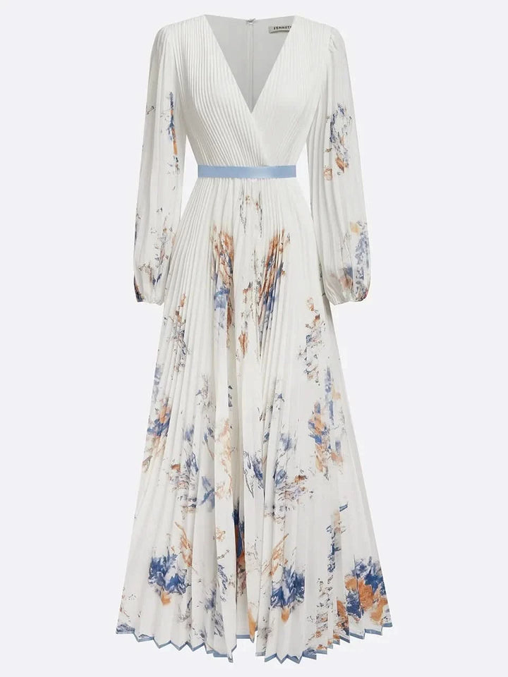 Halston - Elegant V-Neck Puff Sleeves Maxi Dress