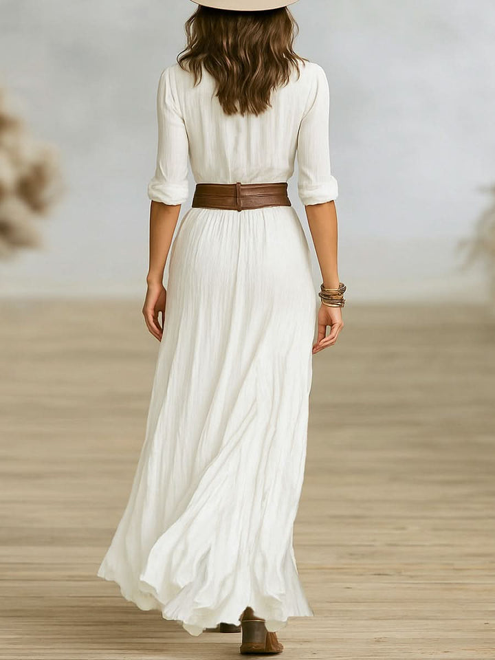Crissa | Long Belted Dress With Pleated Lapels
