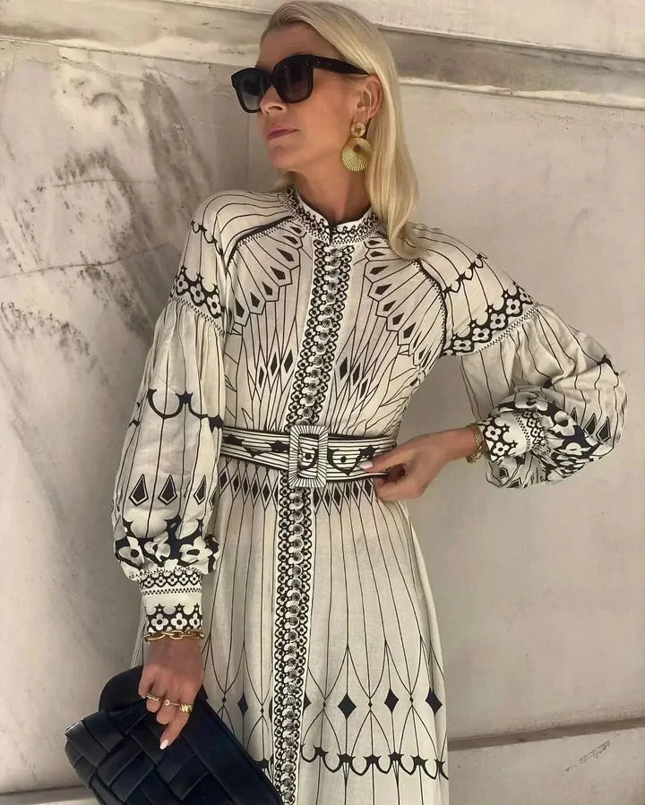 Mirabel - Elegant Retro Pattern Print A-Line Dress