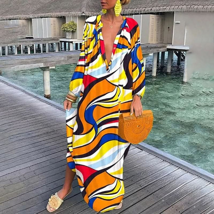 Vibrant Abstract Maxi Kaftan Dress | Lightweight Resort Wear | Flowing Silhouette